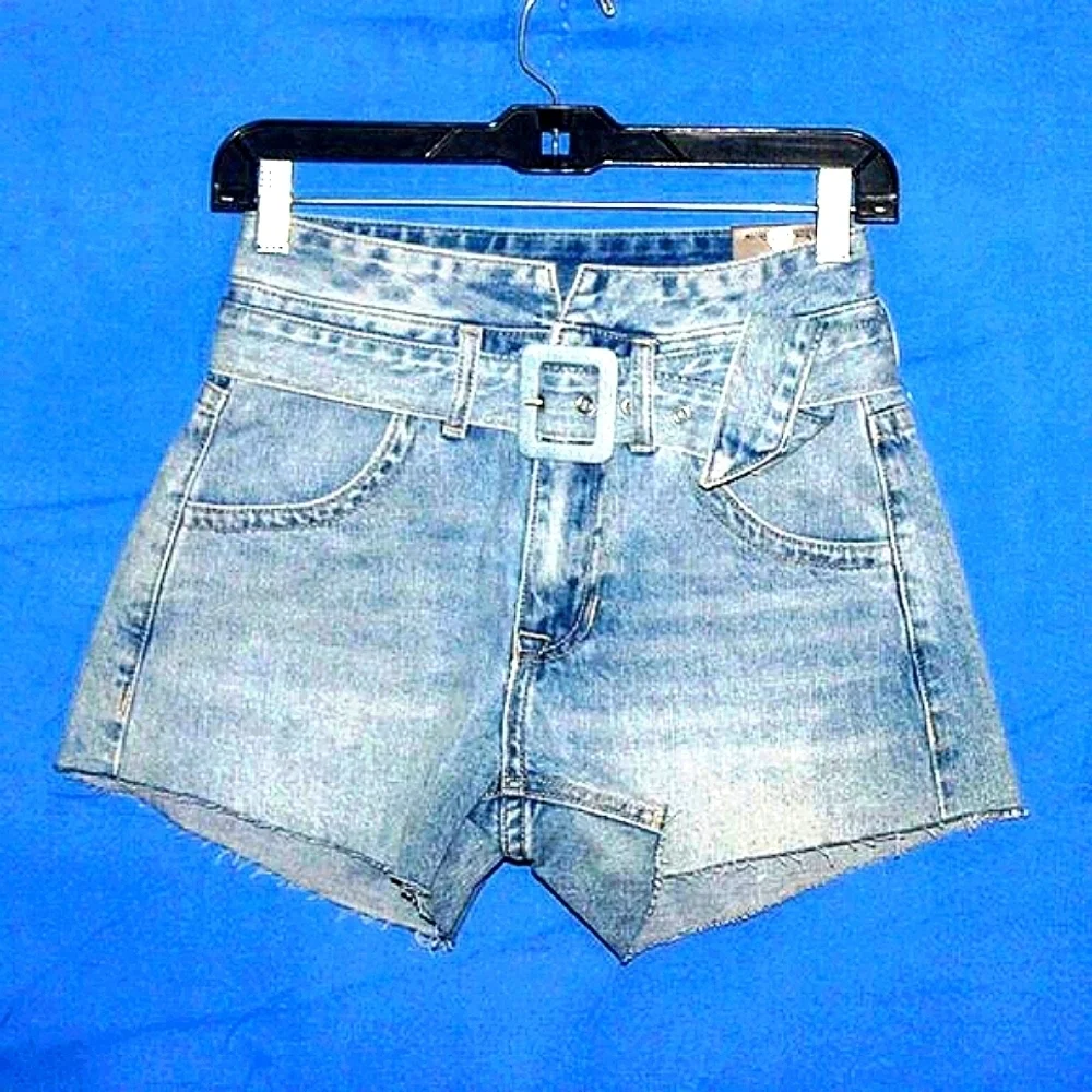 Rock & Roll Denim High Rise Belted Denim Shorts Blue NWT